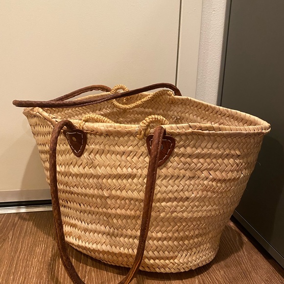 Vintage Natural Woven Straw Tote Bag with Brown Handles - Picture 1 of 4
